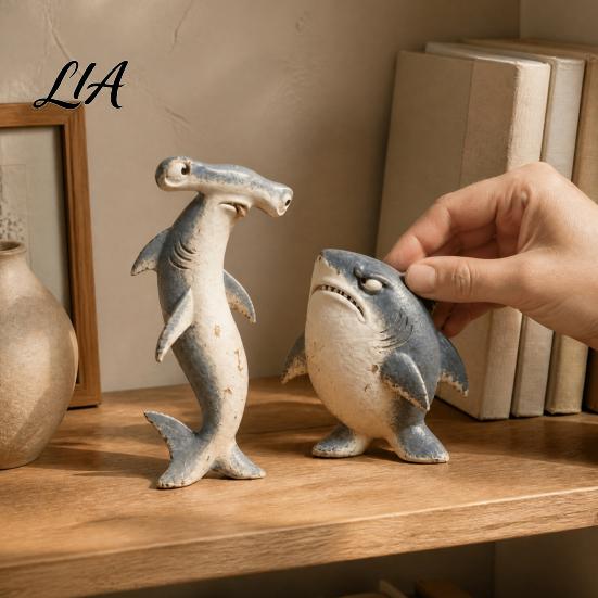 Whimsical Home Accents Funny Shark Duo Figurine, Resin Standing Desk Ornament for Office Accessories Living Room Bedroom Table Decor, Cute Collectible
