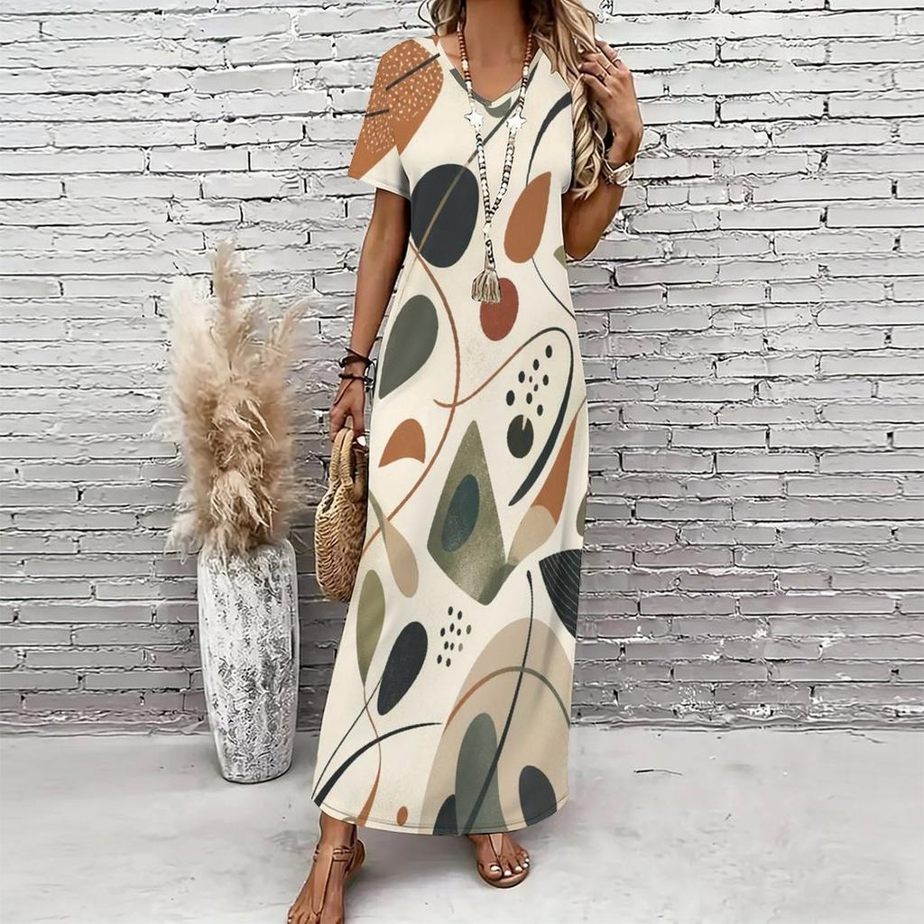 Women Plus Size V Neck Short Sleeve Geometric Printed Straight Long Dress