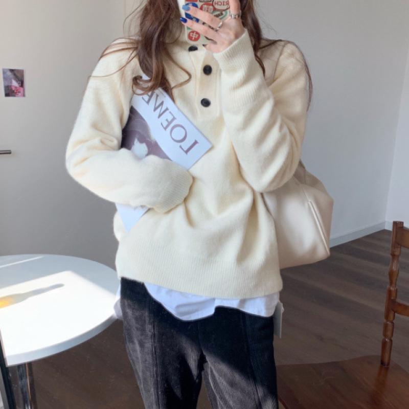 Korean Style Cashmere Sweater Turtleneck Women's Jumper Autumn Winter Buttons Loose Pullover Long Sleeve Knitwear