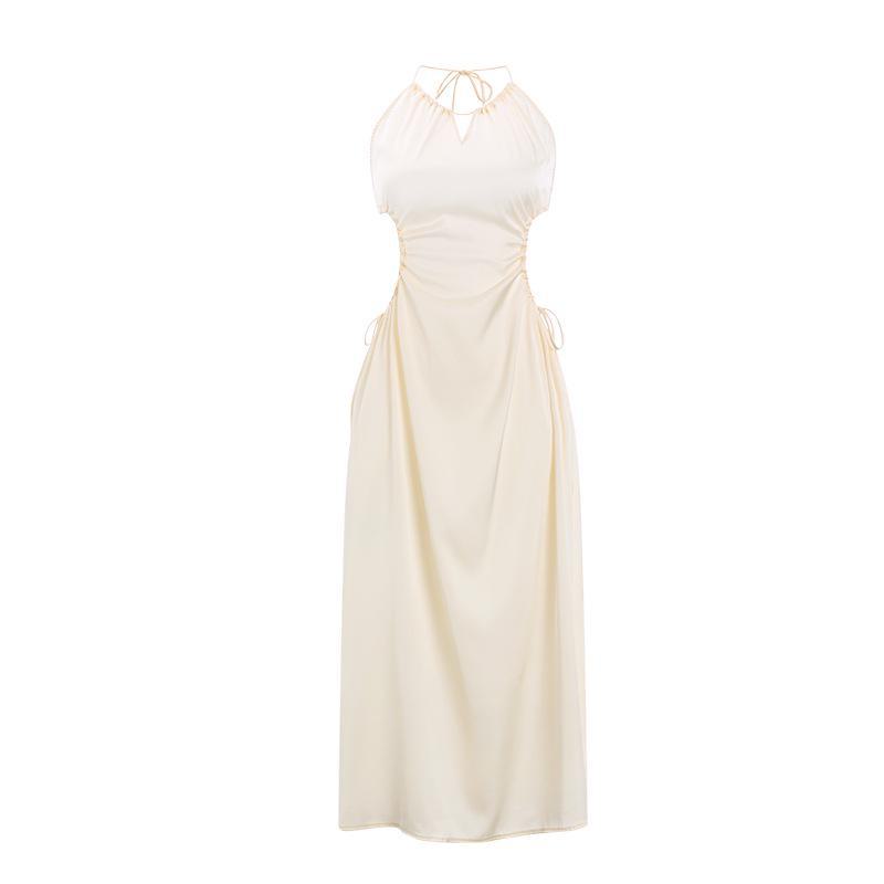 Guiruo Ice Silk Backless Nightdress – Sexy Halterneck Solid Color Pajamas for Spring and Summer (Q2750)