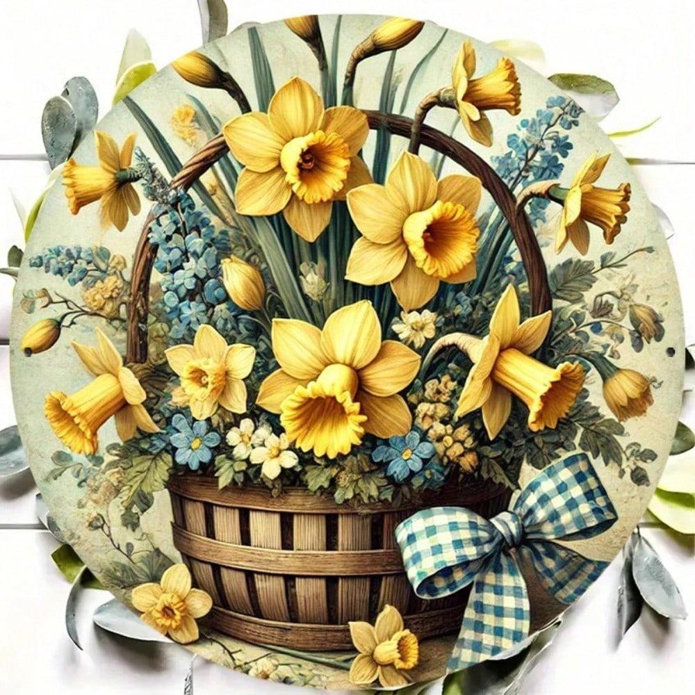 

8x8 Inch Round Metal Wall Art Spring Wreath with Narcissus Bells, High-Definition Print Waterproof for Outdoor 20x20 разноцветный