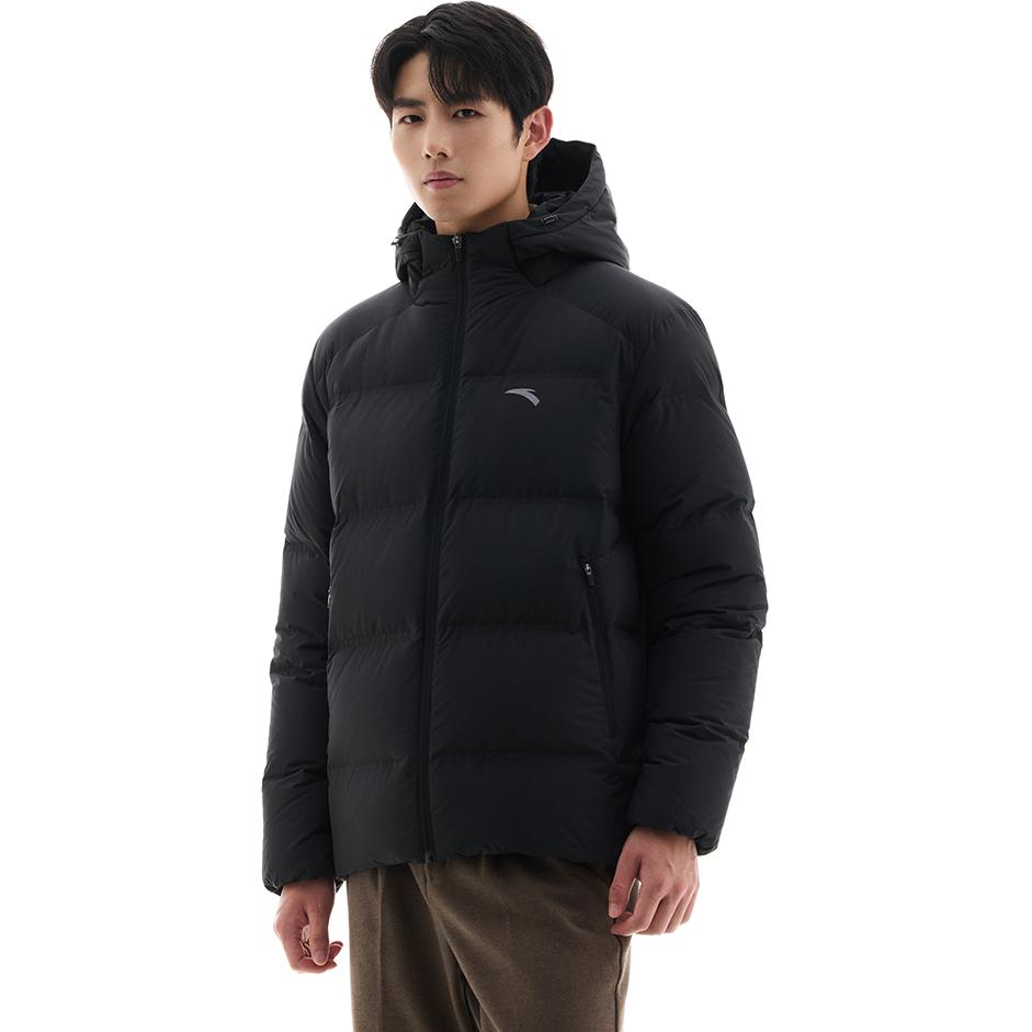 Anta Bequeme Lässige Kapuzenjacke Einfache Reißverschluss-Daunenjacke Herren Oberbekleidung Basic-Schwarz 952447905-3