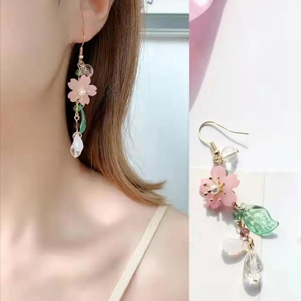 Romantic Elegant Cherry Blossoms Flower Earrings For Women Pink Petals Sakura Long Tassel Drop Earring Dangle Earrings pendiente
