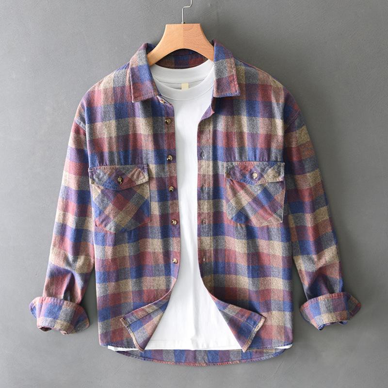 Autumn and Winter Shirts for Men American Retro Dropped Shoulder Plaid Shirt Men Long Sleeve Pure Cotton Casual Tops