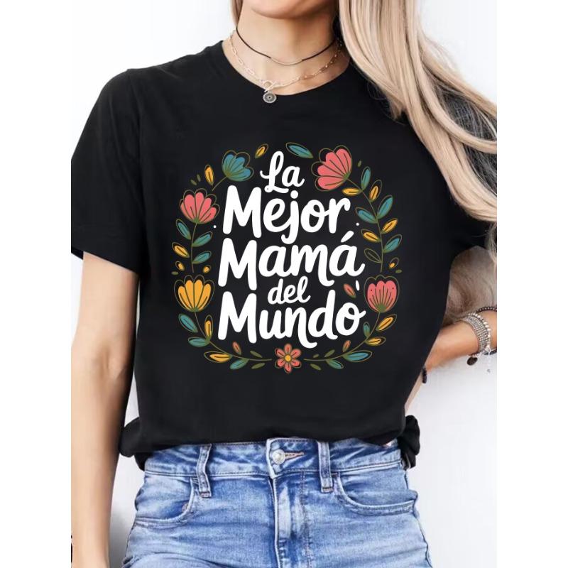 European sizes Women'S Casual Round-Neck Short-Sleeve Sports T-Shirt with Spanish Letter Print for Spring And Summer