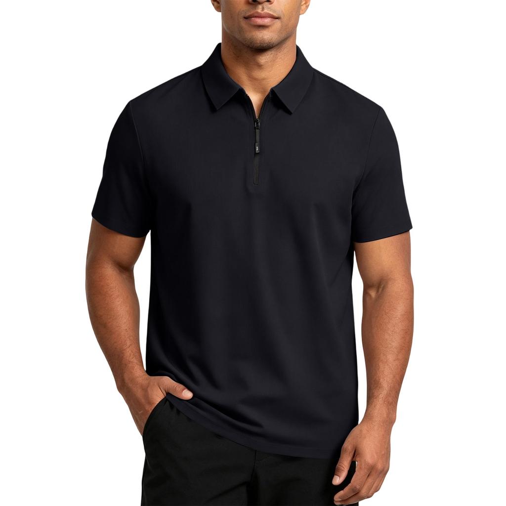 Men's Short Sleeve Polo Shirt with Zipper High Elasticity Ice Silk Knit Fabric Comfortable Stretch Waffle Texture Casual T-Shirt