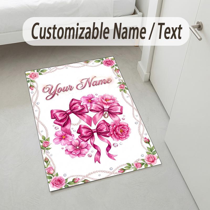 Floral Garden Theme Crystal Velvet Rug Personalized Custom Name Text Soft Floor Mat Home Decor