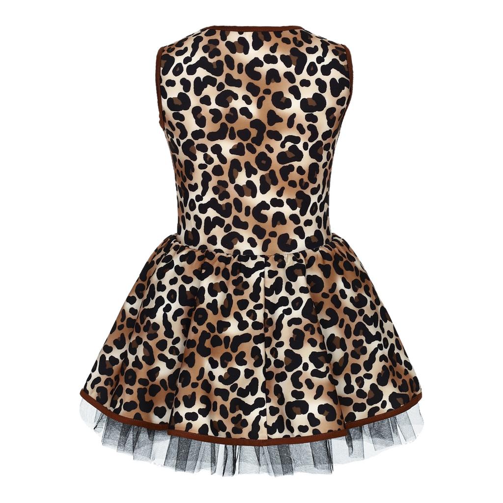 Girls Prehistoric Cave Costume Leopard Print V Neck Sleeveless Mesh Puffy Dress with Built In Briefs