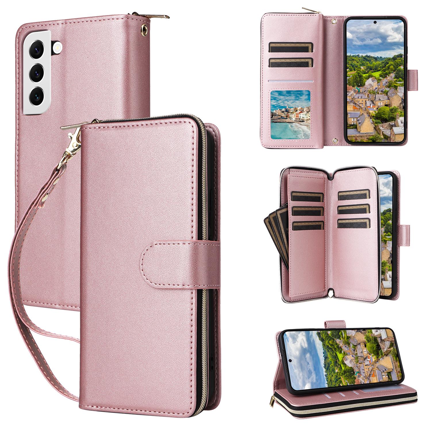 

R20 For Samsung Galaxy S22 5G Case PU Leather Zipper Phone Cover with Straps Rose Gold