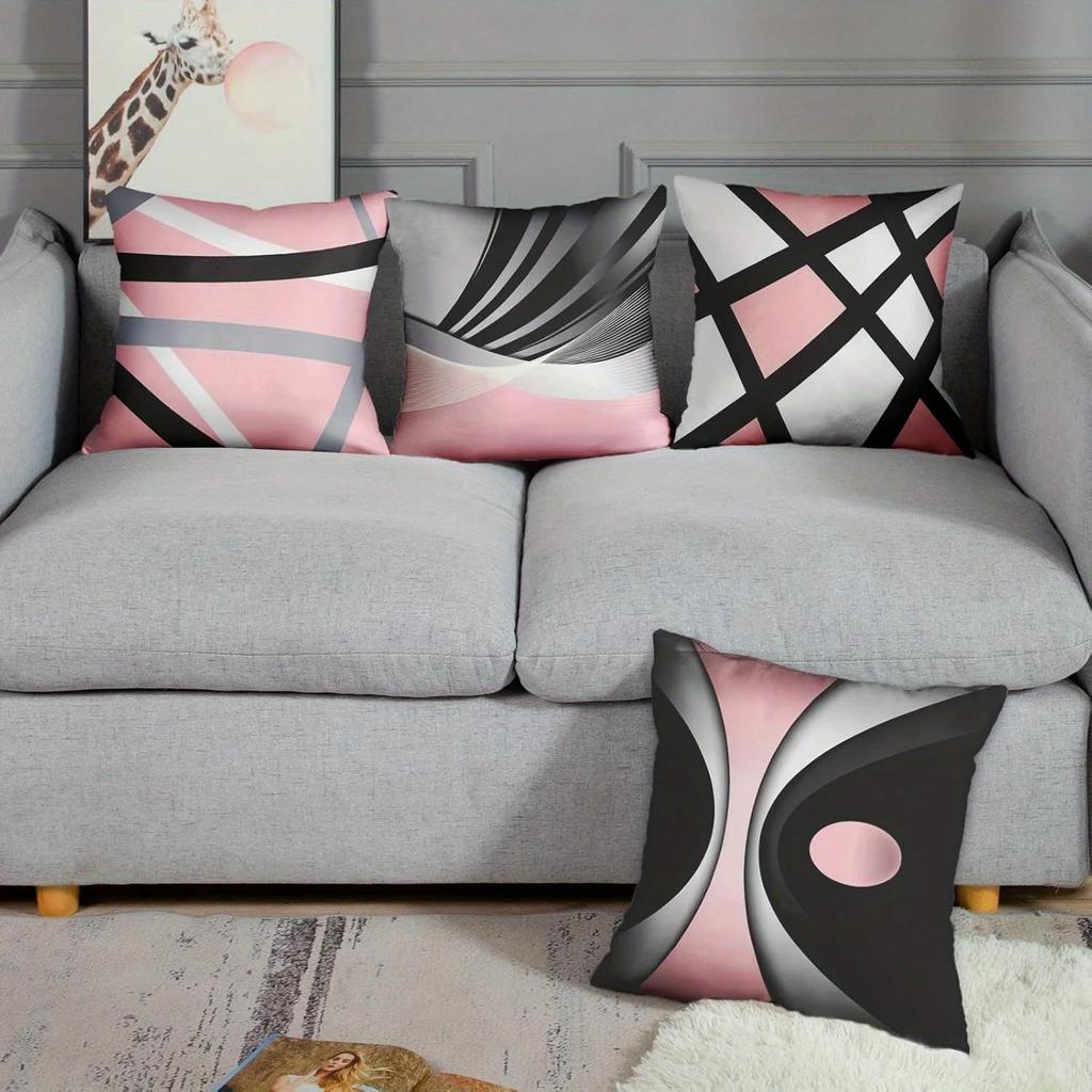 Pink Black Lines Geometric Decorative Pillowcase, Ultra-soft Polyester Material Living Room Sofa Back Car Pillowcase Decoration