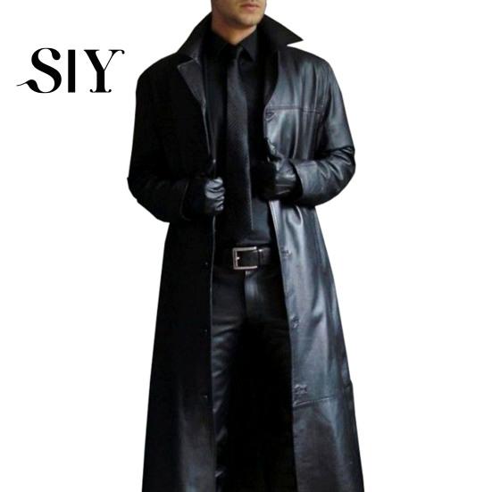 Button Breast Men Jacket Turn-down Collar Smooth Solid Color Faux Leather Windproof Streetwear Slim Fit Long Sleeve Trench Coat Fall