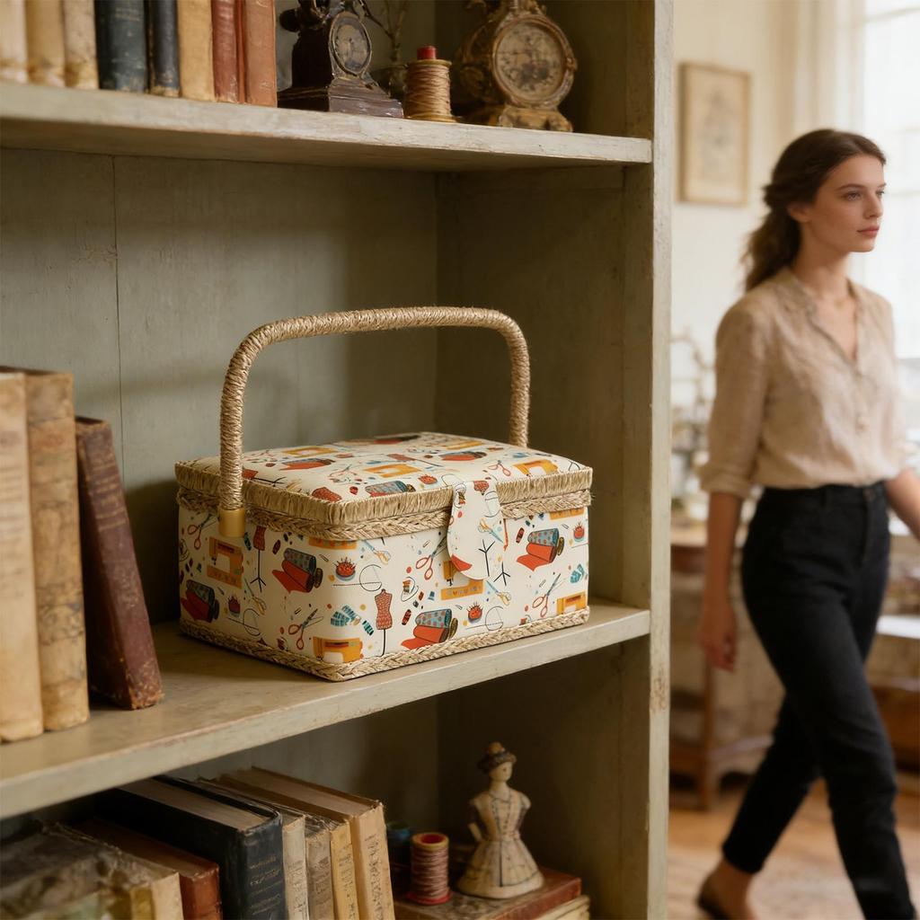 Sewing Basket Organizer Multi-Compartment With Removable Tray Handle Vintage Sewing Basket Portable Case For Thread Needles