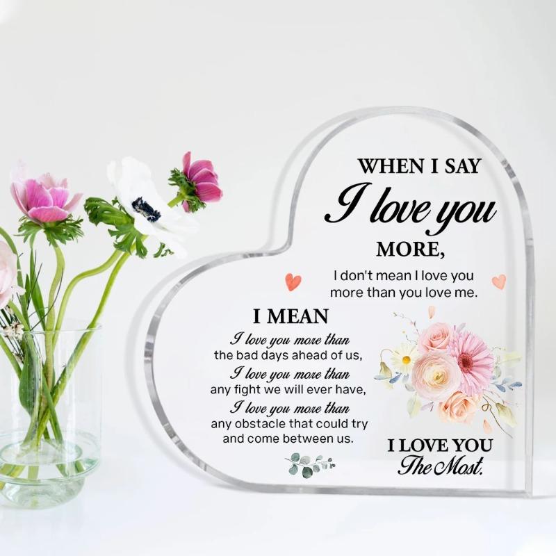 2D Flat "When I Say I Love You More" Heart Shaped Acrylic Desktop Decoration, Home Decor Plaque Hanging Wall Art Decorative Garden Decoration for Room