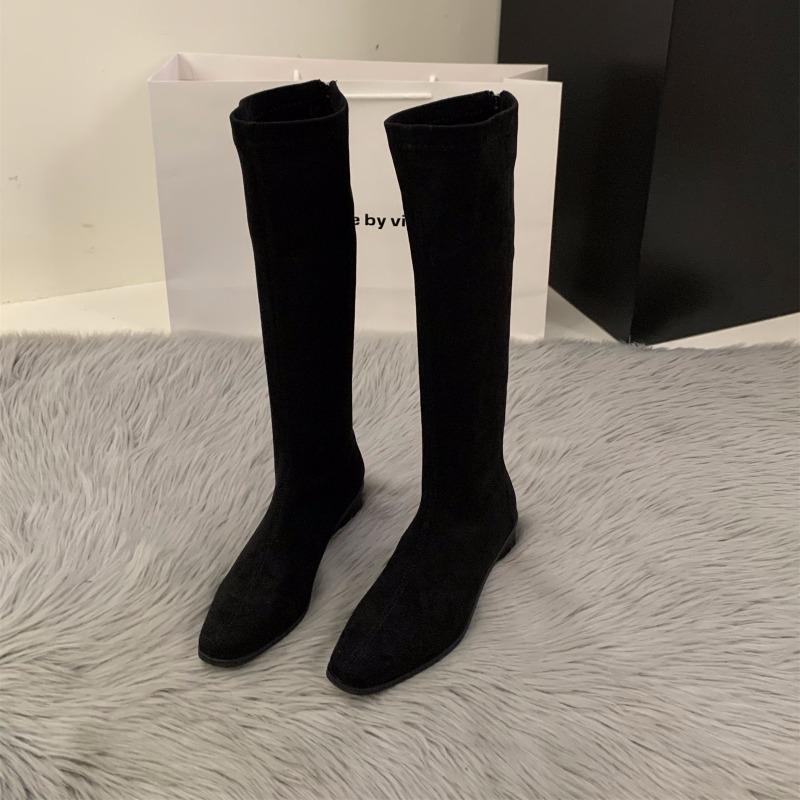 

Однотонные классические дизайнерские ретро женские сапоги до колена зимняя мода квадратный низкий каблук тонкие длинные боты 38 чёрный