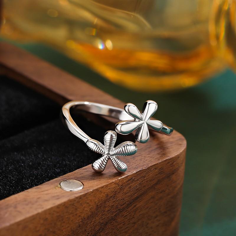Glossy Brushed Floral Open Ring for Women - Adjustable, Minimalist Japanese Korean Style