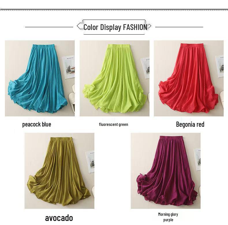 Plus Size Cotton Linen Midi Skirt - 42 Colors, Solid A-Line Style, 2 Yards Long.
