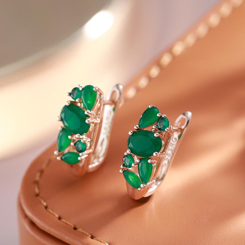 New Green Natural Zircon Drop Earrings For Women  Rose Gold Vintage Ethnic Bride Wedding Jewelry Party Accessories