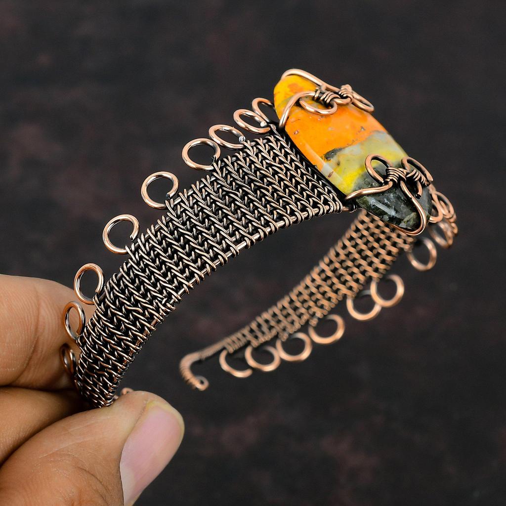 Bumble Bee Jasper Cuff Bracelet Copper Wire Wrapped Bangle Gemstone Bracelet Copper Wire Jewelry Handmade Adjustable Bangle Engagement Gift