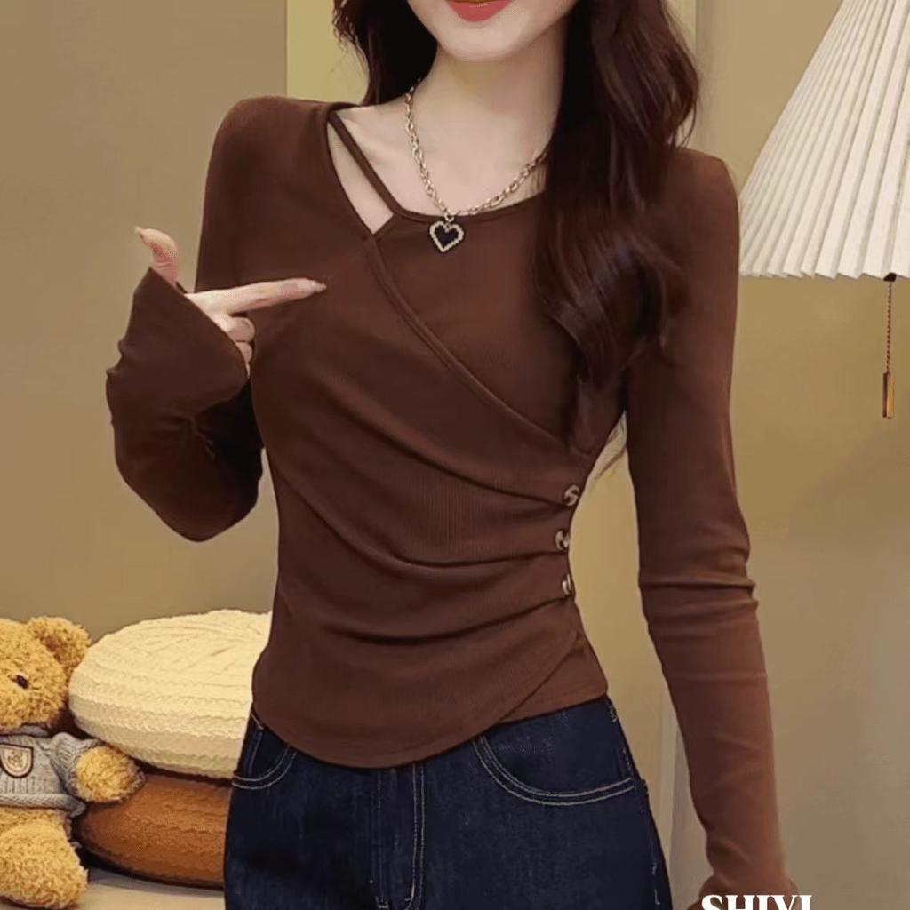 Long-sleeved T-shirt for Women's Autumn and Winter New Inner Bottoming Shirt, Slim-fitting, Meat-covering and Thin Front Shoulder Top for Women