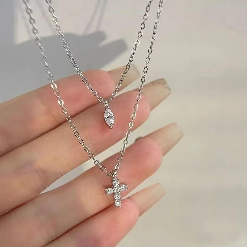 New 925 Sterling Silver Double Layer Cross Necklace Personality Charm Simple Geometric Pendant Choker Women's Exquisite Jewelry