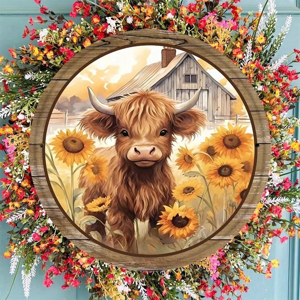Vintage Metal Sunflower Cattle Tin Wall Art Round Sign Home Decor 20x20CM