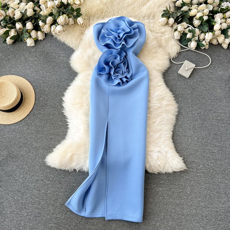 

Light Luxury European and American Style Strapless Long Type Dress Three-Dimensional Flower Blue 4XL