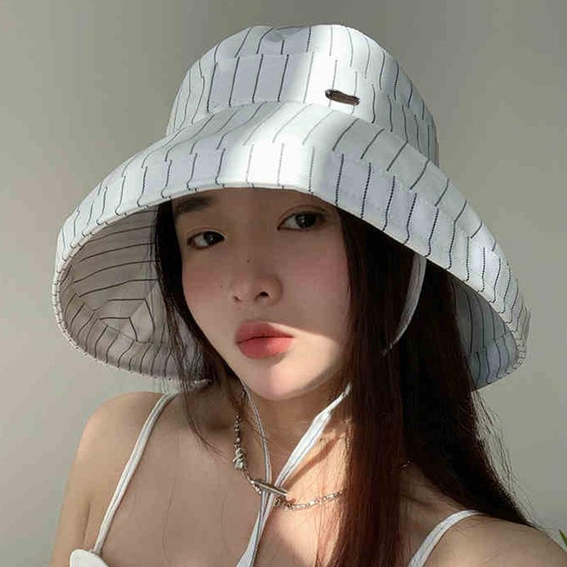 

Шляпа женская весенне-летняя полосатая двухцветная простая солнцезащитная шляпа продвинутая солнцезащитная шляпа-ведро новая One Size