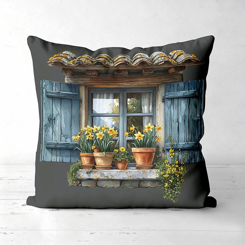 Charming Window With Flowers And Cat Pattern Pillows Polyester Pillowcase, Sofa Decorative Cushion Cov Headboard Pillow