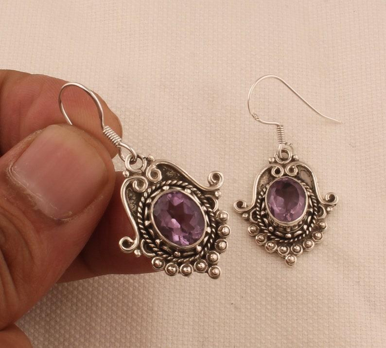 Solid 925 Sterling Silver Amethyst Gemstone Handmade Boho Designer Women Dangler Earring