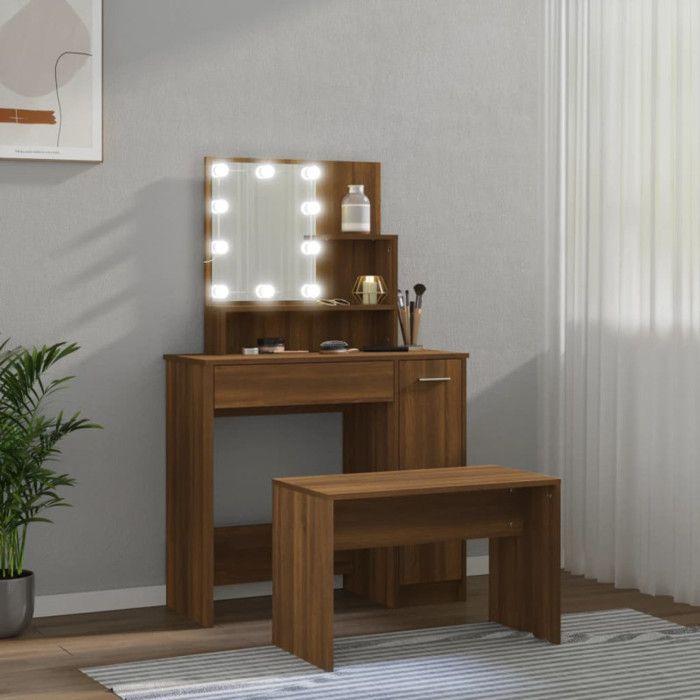 VidaXL Vanity Set with LED Cosmetic Table Makeup Dressing Table Jewelry Table Bedroom Brown Oak 3114122