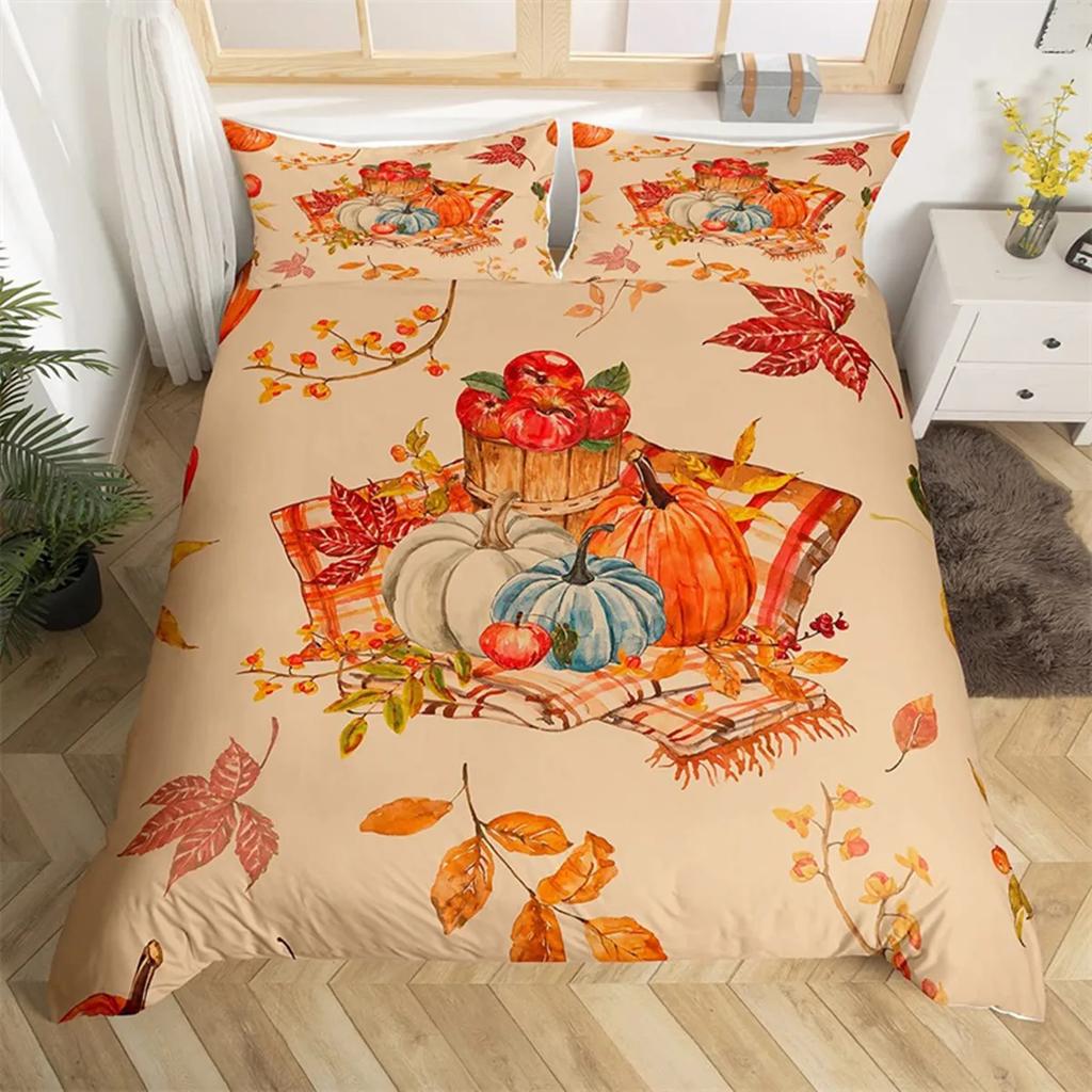 Fall Maple Leaves Autumn Harvest Theme Duvet Cover Cartoon Christmas Santa Thanksgiving Pumpkin Holiday Decor Gifts For Children