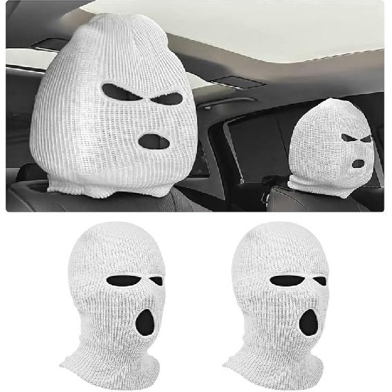 2 PCS Car Headrest Cover, Personalized Funny 3 Hole Auto Seat Full Face Mask Headcover, Ski Mask Wrap Protection for Front Seat Head Rest Decoration,