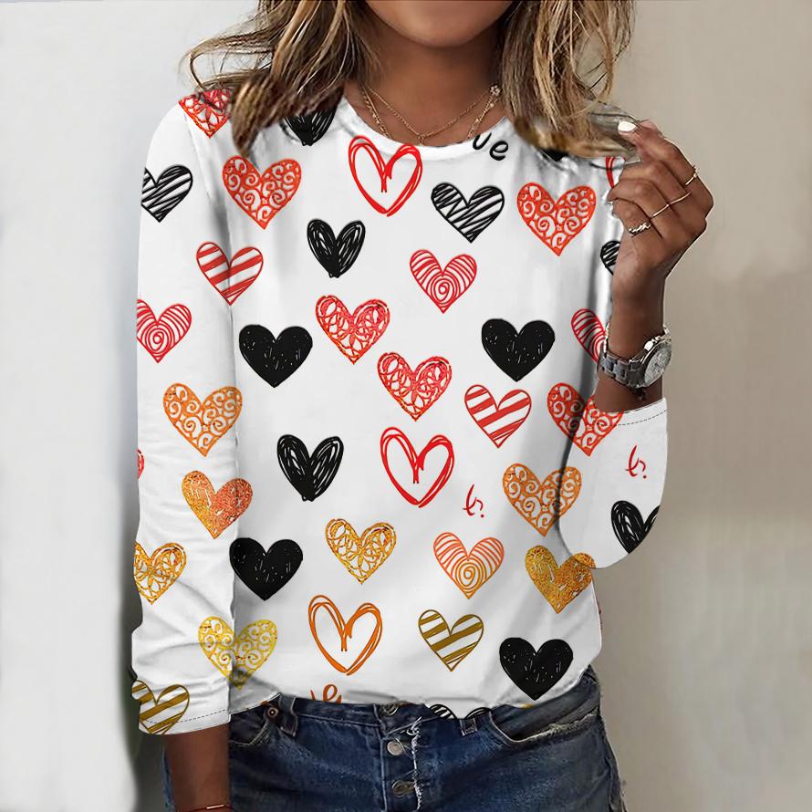 Women Love Heart Print Graphic T Shirt For Women Pink Fashion Long Sleeve Tees Autumn Winter Casual Loose T-Shirts