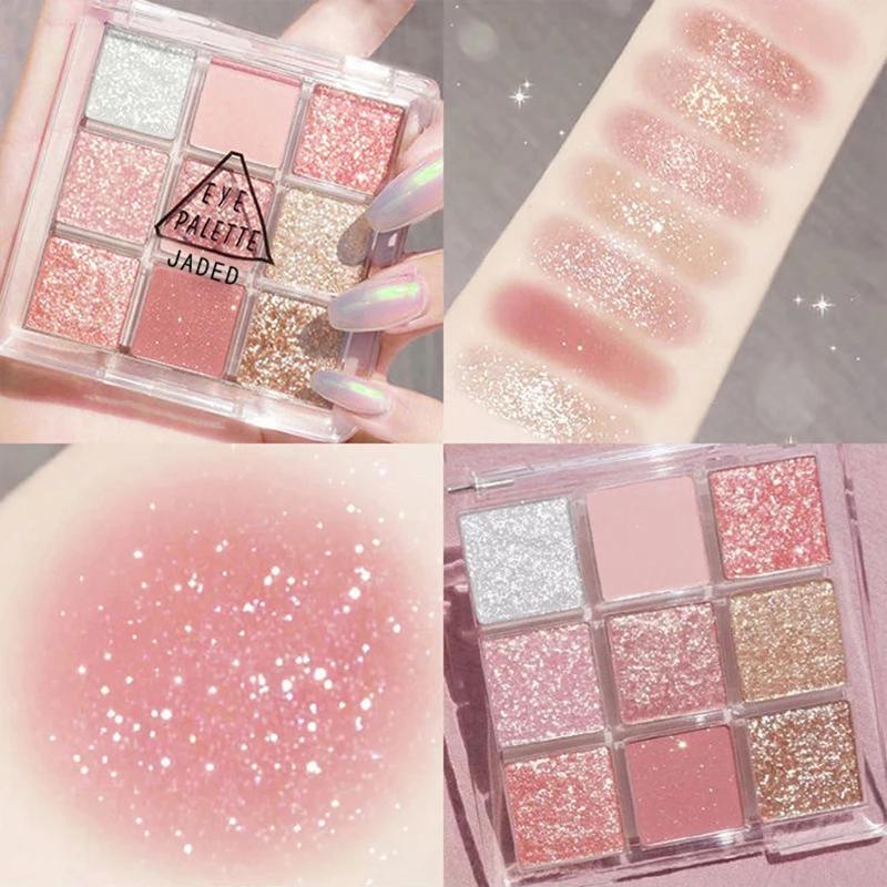 9 Glitter Eyeshadow Palette Pink Pearly Eyeshadow Palette Korean Charming Eye Makeup Palette Shiny Eye Shadow Eye Pigments