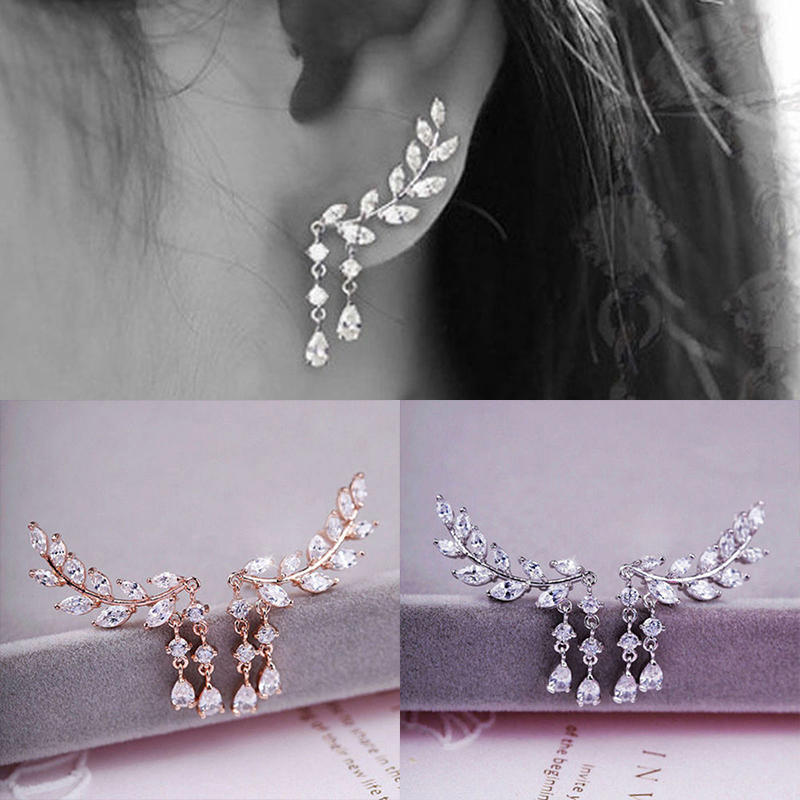 Women Gold Silver  Zircon Leaves Tassel Ear Stud Earrings Jewelry