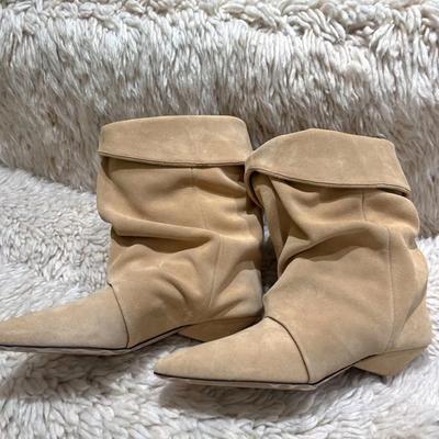 Fashion Liyke Black Apricot Suede Low Kitten Heel Western Boots Woman Pointed Toe Slip On Pleated Ankle Boot Ladies Party Pumps Shoes