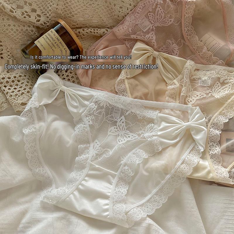 French Lace Trim Mid-Waist Women's Panties - Comfortable Bow Design, Translucent Triangle Style