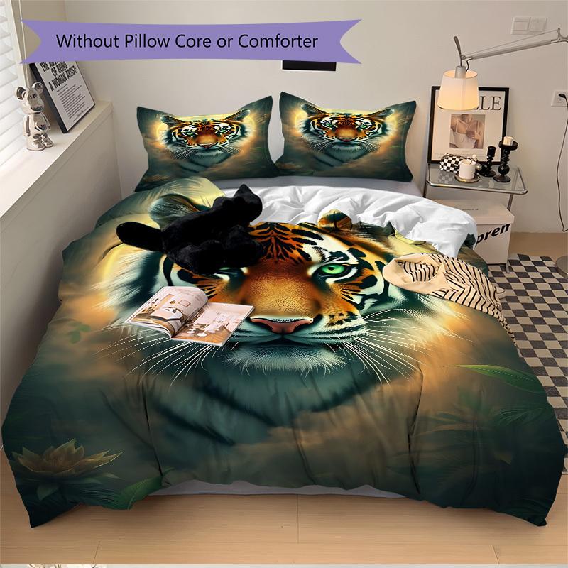 3pcs Tiger Print Duvet Cover Set, Cover For Bedroom Guest Room (1 Duvet Cover + 2 Pillowcase, Without Quilt), yy250922135