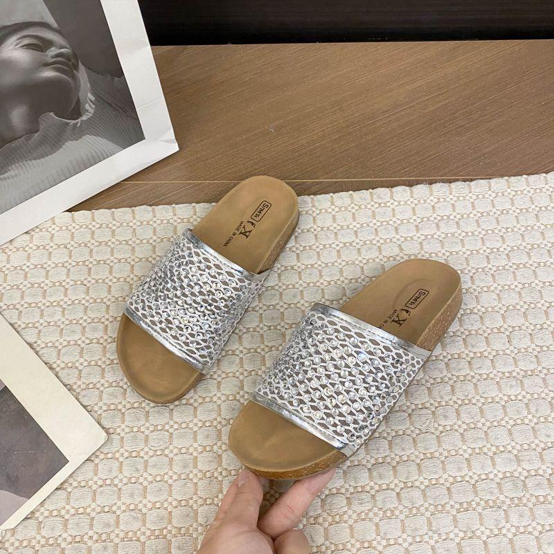 Women's Sandal Slippers Summer a Word with Rhinestone Hollowing Flat Bottom Drag Outside Wear Beach Shoes