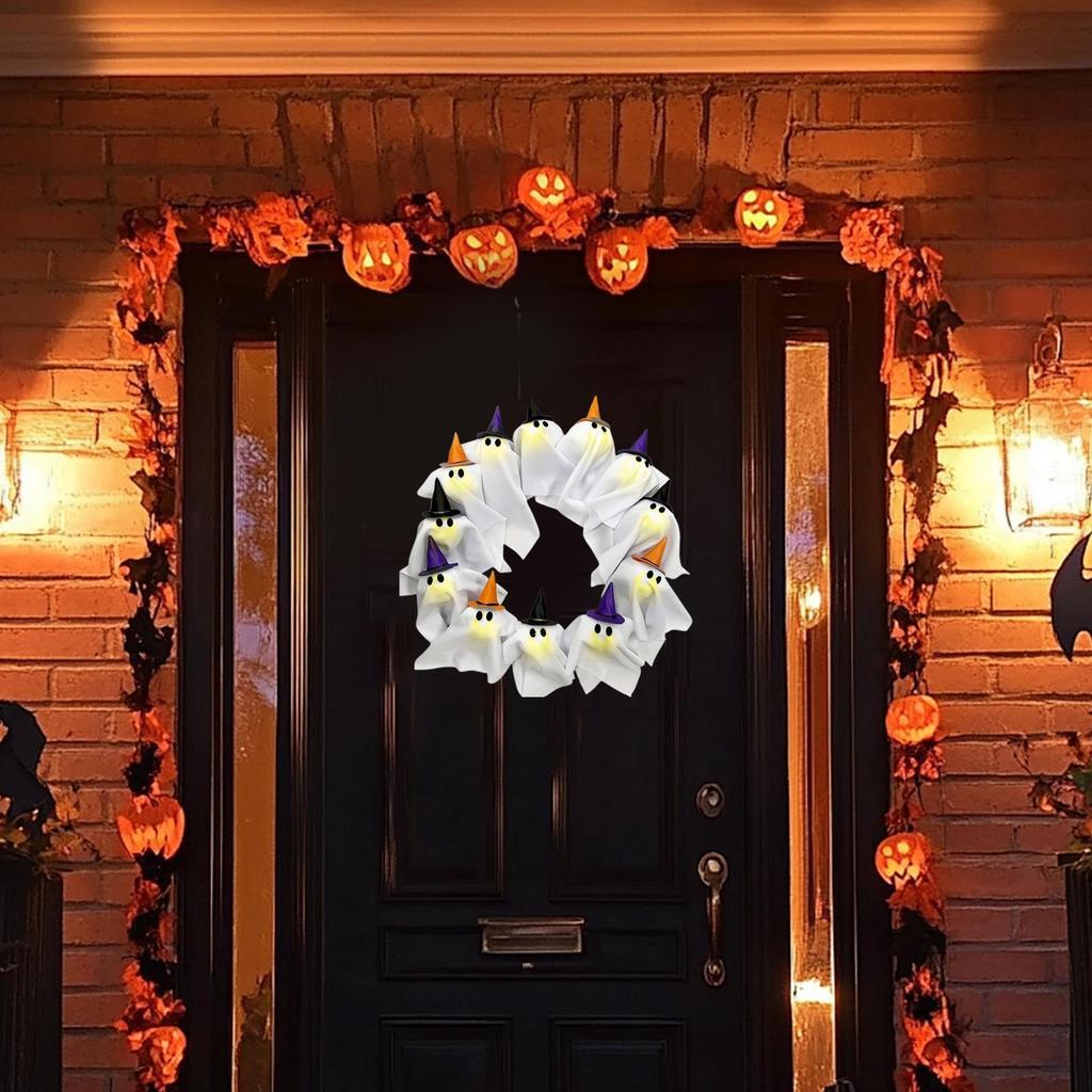 Ghost Wreath 12-LED Ghost Halloween Front Door Decoration Cute Scary Decor Home Party Decoration for Balcony Wall Lawn Patio