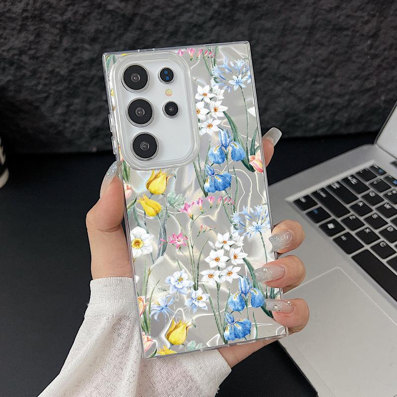 Motif Floral Plume Pailleté Étui de Téléphone Slim Pour Samsung S25 Ultra S24 FE S23 A56 A36 A16 A55 TPU Antichoc Bord Souple Paillettes Coque Arrière Rigide en PC
