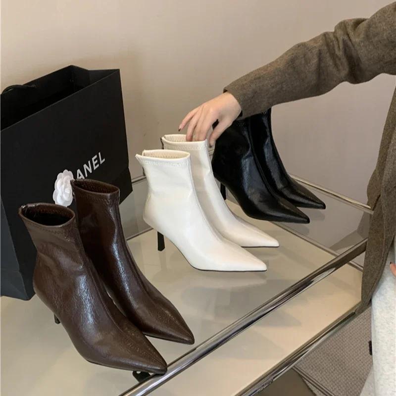 2025 Spring Pointed Toe Women Modern Ankle Boots Fashion Soft Leather Short Booties Concise High Heels Shoes