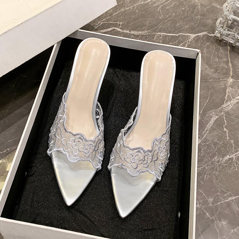Fashion Women's Stiletto Sandals Summer New Pointy Open Toe Hollow-out Lace Anti-slip Wear-resistant High-heeled Slippers