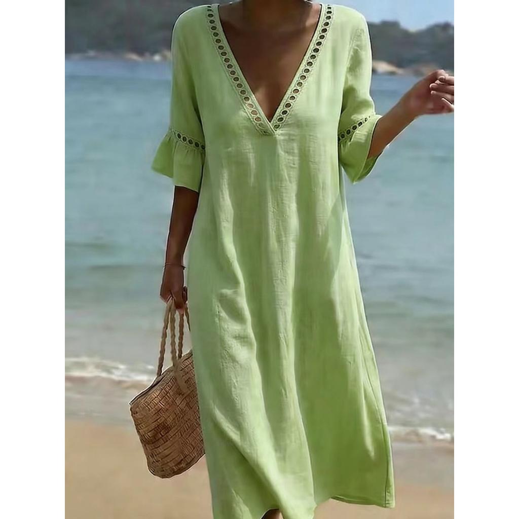 Spring Summer Women's Casual Loose Solid Color Cotton Lace V-neck Dress Leisure Trade