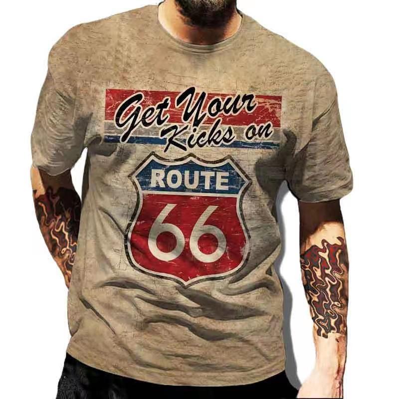 Summer T-Shirts for Men Short Sleeved Vintage Clothes Route 66 Graphic Top Casual O Neck Tee Oversized 3D Print T Shirt Pullover