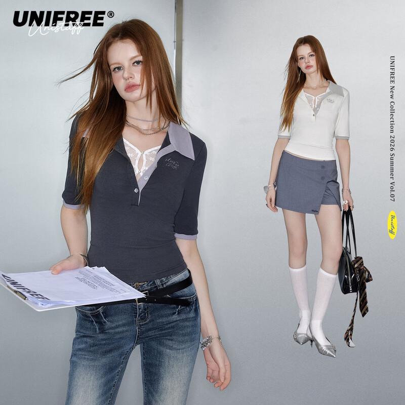 UNIFREE Women s Lace Trim Faux Two-Piece Polo T-Shirt S