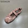 Moda SUOJIALUN 2024 Jesień Damskie Płaskie Buty Panie Eleganckie Plisowane Panie Eleganckie Płytkie Wsuwane Baleriny Buty Miękkie Płaskie Sukienka Bo