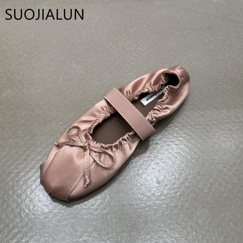 Moda SUOJIALUN 2024 Jesień Damskie Płaskie Buty Panie Eleganckie Plisowane Panie Eleganckie Płytkie Wsuwane Baleriny Buty Miękkie Płaskie Sukienka Bo