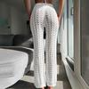 Perspective Swimsuit Cover Up Pants High Waist Adjustable Drawstring Solid Color Crochet Knitting Long Trousers