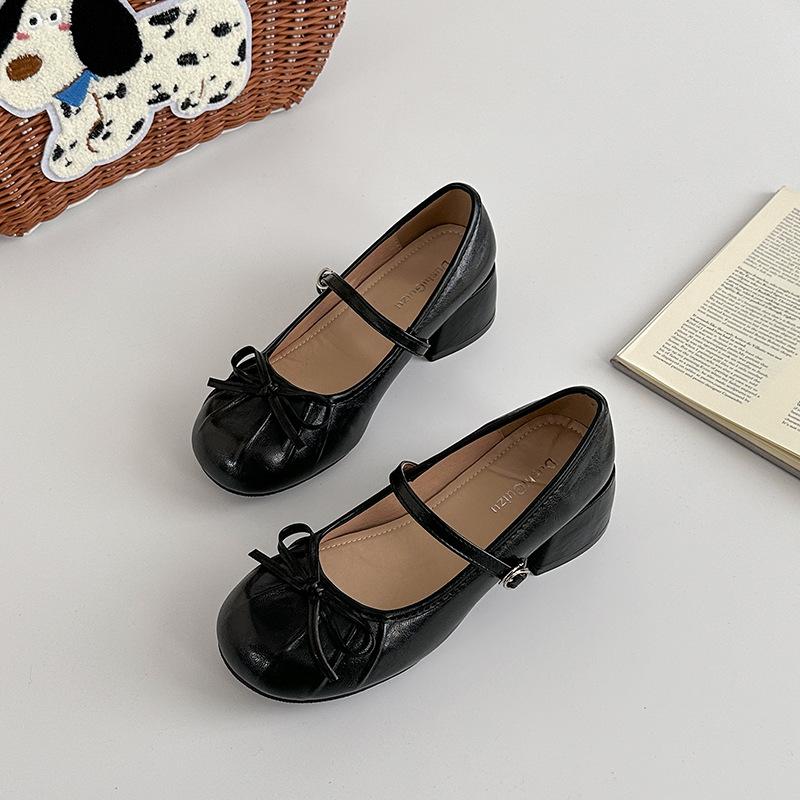 Coarse Heel High Heel Mary Jane Shoes French Pleated Round Head 2025 New Summer Bow Gentle Single Shoes Women's Skirt